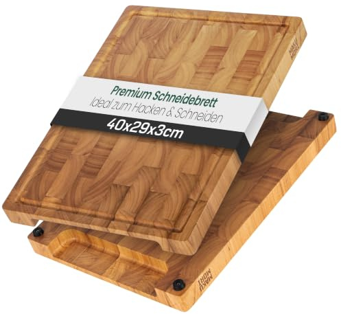 MAKUMORI Premium Stirnholz Schneidebrett Massivholz 40x29x3cm Hevea Hell | Küchenbrett aus Heveaholz leicht karbonisiert; FSC®; End Grain; tiefe Saftrinne; extra große Griffmulden; rutschfeste Füße