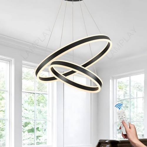 LAMPLAY Runde Moderne LED-Pendelleuchte, 2 Schwarzer Ring-Kronleuchter, Dimmbar Mit Fernbedienung 3000K-6000K Deckenleuchte, Höhenverstellbar, Foyer, Wohnzimmer, Schlafzimmer, Esszimmer(Ø40+60cm)