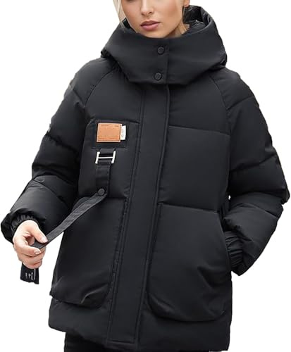 Chaqueta de Pluma con Capucha Desmontable para Mujer Chaqueta de Invierno Acolchada Elegante y cálida Parka Holgada para Exteriores Plus (Negro,XXL)