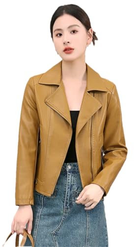 Damen-Motorradjacke, Revers, Schaffell, lässig, langärmelig, schmale Taschen, Jacken, gelb, XL
