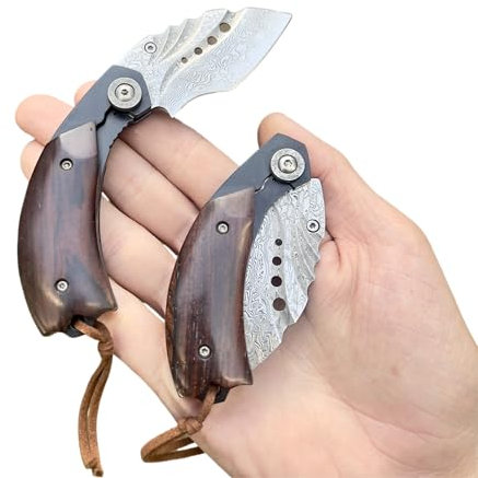 Petit Couteau Pliant Lame fine Damas artisanal Fait Main collection edc custom manche bois damascus san maï suminagashi luxe forge extérieur tranchant traditionnel original japonais