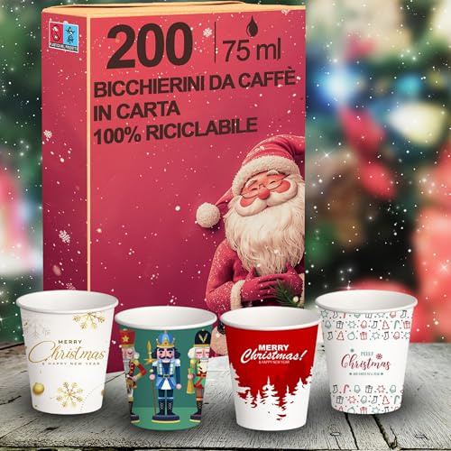 G.M. DISTRIBUZIONE 200 Bicchieri da Caffè in Carta Natalizi 75 ml, Biodegradabili Biocompostabili, Usa e Getta, 4 Colorazioni, Ideale per Casa, Ufficio, Asporto Bevande Calde Natale, piccoli