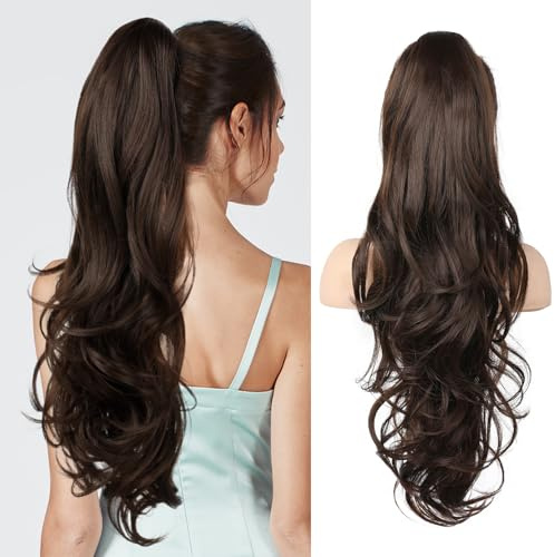 FLUFYMOOZ Ponytail Extension, 66cm Pferdeschwanzverlängerung lange, gewellte, lockige Klauen Clip in Pferdeschwanz Haarverlängerung, synthetisches Haarteil für Frauen-Dunkelbraun