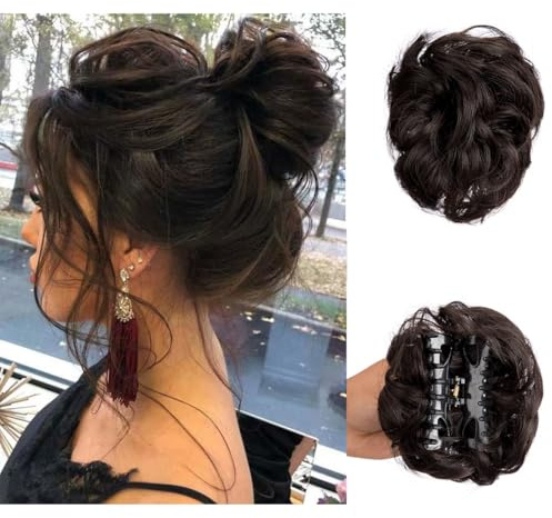 Haarknoten-Haarteil mit Haarklammer, zerrissene Hochsteckfrisur, elastisches Haarband, lockiges Haar, Dutt, Haargummi für Damen, Braun/Schwarz
