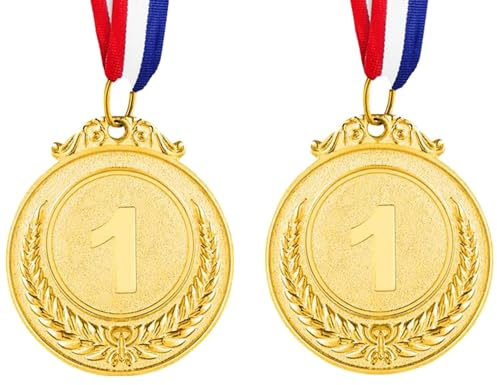Azushwer 2 Pcs Metal Medals, Olympic Gold Medals for Children, Metal Sports Day Medals, Kids Children's Party Award Medals with Colorful Ribbons for Party Festival Sports Competition Prizes Awards