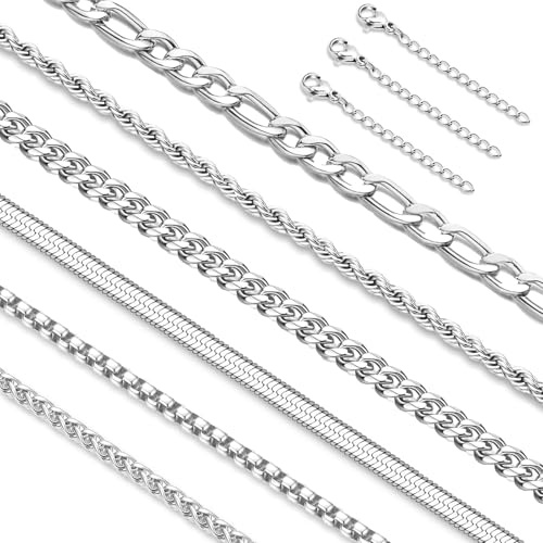 Adramata 6 Piezas Cadena Plata Hombre Collar Hombre Acero Inoxidable Cadenas Cuban Link, Rope, Box, Figaro, Espina de Pescado y Trenzadas - Longitud 40/45/50/55/60 CM - Regalos para Hombres Mujeres