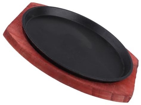 TOBBOMEY Piastra in Ghisa Spessa con Base in Legno Piastra Sizzling Antiaderente per Bistecca Adatta per Cucina Induzione per Servire Fajita e Carne Casa