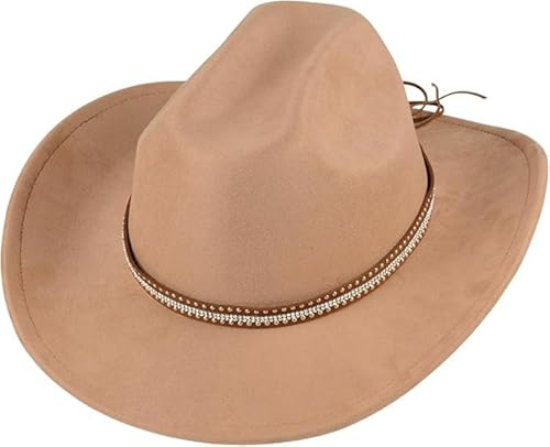 Western Cowboy Cowgirl Hat,Felt Wide Brim Hat with Silver Rhinestones Leather Band, Cowboy Hat for Women and Men,Classic Panama Hat for Outdoor Rodeo Daily Wear(Camel)