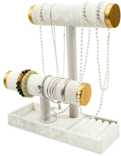 Seuqhck Schmuckständer aus Samt mit 2 Ebenen, für Halsketten, Armbänder und Armbänder mit Tablett, Mehrzweck-Organizer für Damen, Haarband, Uhren, Ketten, Ohrringe, Ringe, Haargummi, Beige