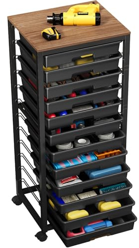 SYKIARIOL 12-Drawer Storage Trolley Rolling Cart with Wooden Top, Black | Mobile Rolling Cart, Wooden Tabletop, Plastic Drawers, for Kids Room/Craft Room