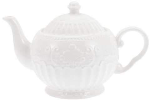 Healeved Embossed White Ceramic Teapot 900cc with Leaf Pattern, Decorative Afternoon Tea Pot for Home, Office, Coffee Shop Use