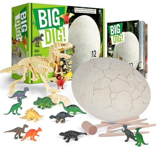 Dr. Daz Set di scavo di uova di dinosauro per bambini, grande uovo di dino da scavare con 12 figure di dinosauri, set di archeologia con strumenti, regalo per bambini dai 6 anni in su
