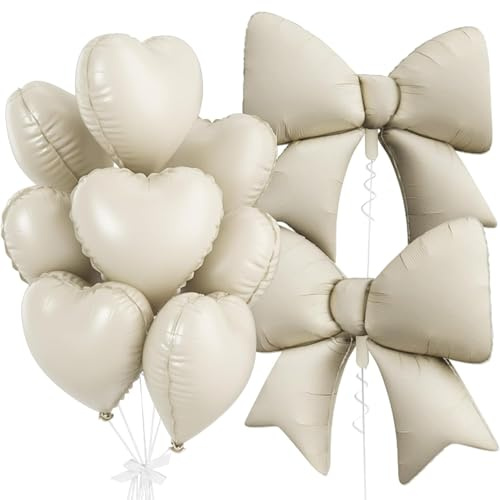 Koboko 10 Stück Beige Luftballons Schleife Herz, XXL Beige Schleifen Ballon, Herzballons Schleifen Deko Geburtstag, Herz Schleife Folienballon für Hochzeit,Geburtstag,Babyparty Deko Mädchen Junge
