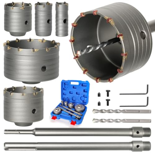9Pcs Masonry Core Drill Bit Kit 30 40 65 80 100 mm with Hammer Adapter | Concrete Hole Saw Cutter with 2 Pilot Drills, 300mm SDS Plus Max Tungsten Carbide Shank for Brick Wall Dryer Vent Cement