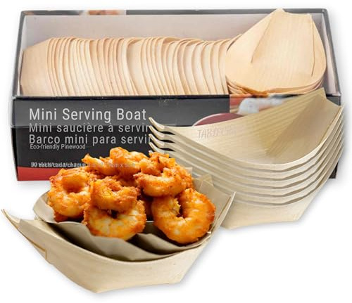 TableCraft BAMDB3 Mini Serving Boat, Disposable Pinewood, 3.5 x 2, Single-Use Food Tray for Finger Foods and Appetizers, Pack of 50