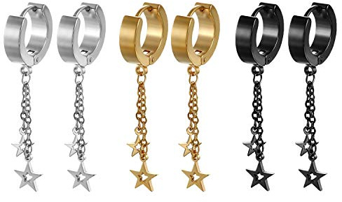 Aroncent 3 Paar Creolen Ohrringe Set Huggie Kreuz mit Lange Kette Ohrhänger Ohr Piercing für Herren Damen, Schwarz Gold Silber