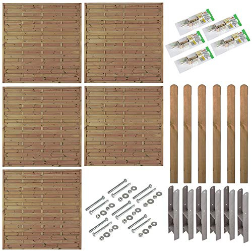 Holz Sichtschutzzaun Berlin Set 9,5 m – 5 Zaunelemente 180x180 cm mit 6 Pfosten 9x9 cm inkl. Montagematerial, H-Anker & Schrauben