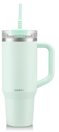Bodum Travel Mug Tumbler 1.2 L Baby Blue - Metal Water Bottle with Straw, Handle and Lid - Dishwasher Safe - for Cold Drinks and Warm Coffee