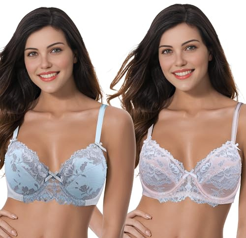 Curve Muse Ensemble de Deux Soutiens-Gorge Grande Taille à Armatures, avec Balconnets Semi-Transparents, en Dentelle brodée-Rose, Bleu Clair-95F