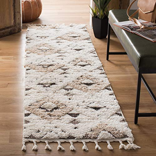 SAFAVIEH Zottelig Teppich für Wohnzimmer, Esszimmer, Schlafzimmer - Moroccan Tassel Shag Collection, Kurzer Flor, Elfenbein und Braun,