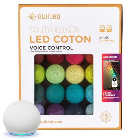 GuirLED - LED Baumwollkugeln Lichterkette WIFI USB - Sprachsteuerung - Connected Home - Amazon Alexa & Google Assistant - 2xUSB-Netzadapter enthalten - 24 Kugeln 2,4m - Harlekin