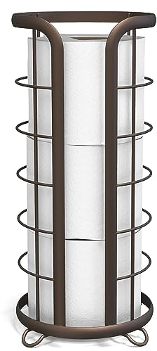 BROOKSTONE Toilet Paper Holder Stand Reserve - Free Standing Toilet Paper Stand with Storage that Holds Mega Rolls, Standing Bathroom Tissue Organizer, Bathroom Decor - Modern Storage Holder, Bronze