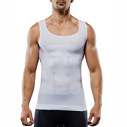 Chemise de compression sans manches pour homme Gilet de contrôle du ventre Débardeur de contrôle du ventre Sculptant pour le corps Vêtement sculptant Sans coutures, Blanc, L
