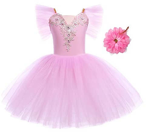 IWEMEK Vestido de ballet con tutú de encaje y manga con volantes para niñas + clip para el pelo, leotardo de gimnasia, disfraz de bailarina de hada, cisne, patinaje, para niños, disfraz de bailarina