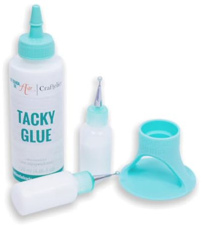 Craftelier - Set de Tacky Glue 120 ml + Soporte para Pegamento Color Turquesa + 2 Botellas con Aplicador Ultrafino 15 ml | Pegamento No Tóxico y Multiusos Ideal para Scrapbooking y Manualidades