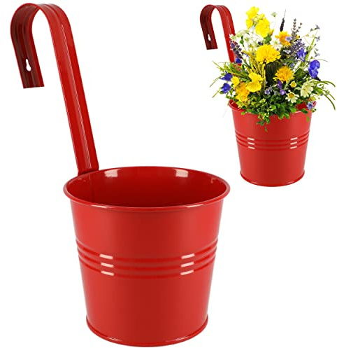alles-meine.de GmbH 2 Stück Hänge - Blumentöpfe/Geländertöpfe/Pflanztöpfe - Metall - Ø 17 cm - rot - Hängend/mit Haken & Halterung RUND - Aufhängen - groß - mit Henkel -..