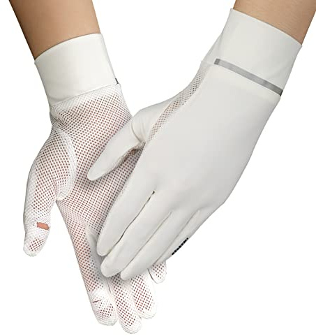 Women Sun UV Protection Driving Gloves Summer Short Floral Lace Anti-skid Screentouch Gloves Elegant Sunblock Fishing Hiking Cycling Gloves Wedding Bridal Full Finger Gloves (#F-White, ONE SIZE)