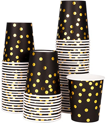 Pinenuts 60 Pieces Gold Polka Dot Paper Cups 9 Ounces Party Cups, Disposable Drinking Cups, Biodegradable for Halloween Christmas Holiday Wedding Party(Black)