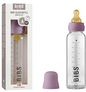 BIBS Baby Glass Bottle 225ml, Vermindert Koliken, Runder Sauger aus Naturkautschuklatex, Unterstützt das Stillen. Complete Set - 225 ml, Mauve