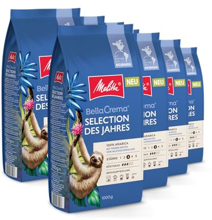 Melitta BellaCrema Selection des Jahres Ganze Kaffee-Bohnen 8 x 1kg, ungemahlen, Kaffeebohnen für Kaffee-Vollautomat, mittlere Röstung, geröstet in Deutschland, Stärke 3, im Tray