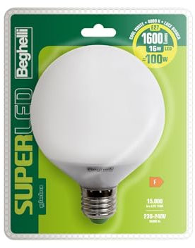 Beghelli Super E27 Bianca, Lampadina LED a Globo 16W, 1600lm, 4000K, Luce Fredda, 1 pz, 6 unità