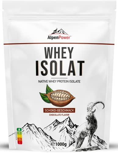 AlpenPower Whey Isolat Polvere proteica di cioccolato, 1 kg, ingredienti naturali al 100%, senza dolcificanti, alimentazione dell'erba, polvere proteica di alta qualità dal miglior latte alpino