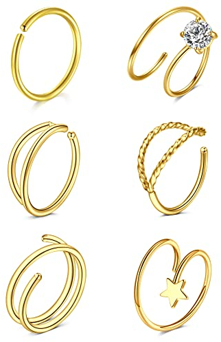 LAURITAMI 6stk Doppelter Nasenring Piercing Spirale Ring Dünn 0.8mm 6/8/10mm Nasenpiercing Nostril Hoop Lippe Ohrringe