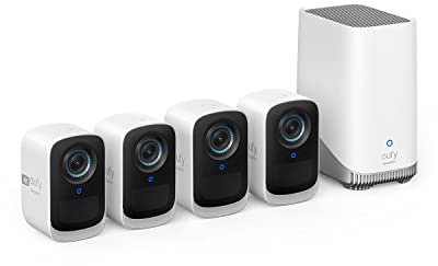 eufy Security eufyCam S300, telecamera wi-fi esternoi, telecamera wifi esterno senza fili, risoluzione 4K, Visione Notturna a Colori, Nessun Costo Mensile, Kit di 4 telecamere (Ristrutturato)