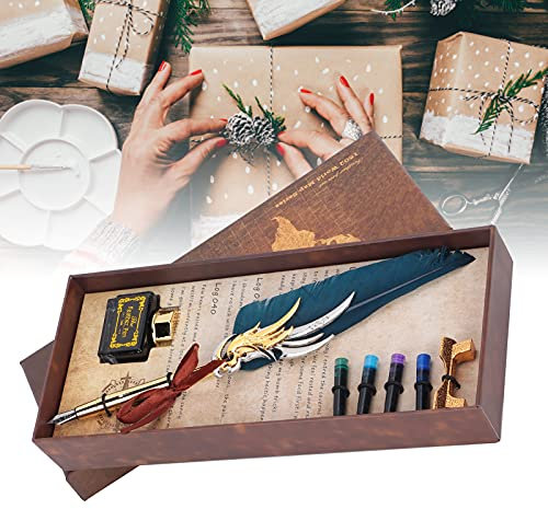 BEIJIALY Federkiel- und Tintenset, Federstift-Kalligraphie-Schreib-Vintage-Set mit Tintenfass und Ständer, Metall-Retro-Federkiel-Set mit Tintenbeutel SP270, Geburtstagsgeschenke(Navy blau)