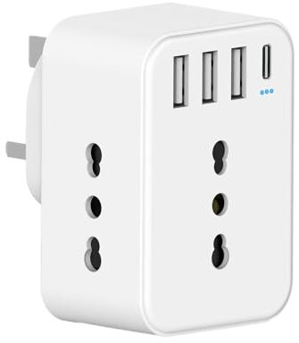HANYEAL Adattatore Presa Inglese,Adattatore Presa Inglese a Spina Italiana, Adattatore UK per Gran Bretagna, Qatar, Irlanda, Gambia, Adattatore Prese Inglesi 3120W,con 3 Presa Schuko & 4 Porte USB