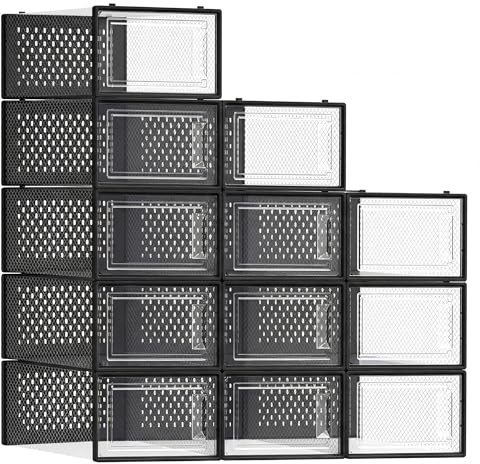 SONGMICS Schuhboxen, 12er Set, Schuh-Organizer, faltbar und stapelbar | Für Schuhe bis Größe 44, aus Kunststoff, transparent-tintenschwarz, DENNYS Kollektion LSP006B12