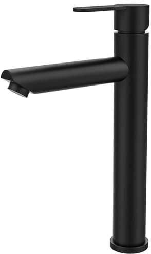 30CM Hoch Wasserhahn Bad Schwarz, Chrom Kaltwasserarmatur Hoher Auslauf Einhebelmischer mit Stickgriff für Badezimmer aus Edelstahl, für Kalt- und Warmwasser erhältlich, mit 50cm Anschlussschlauch