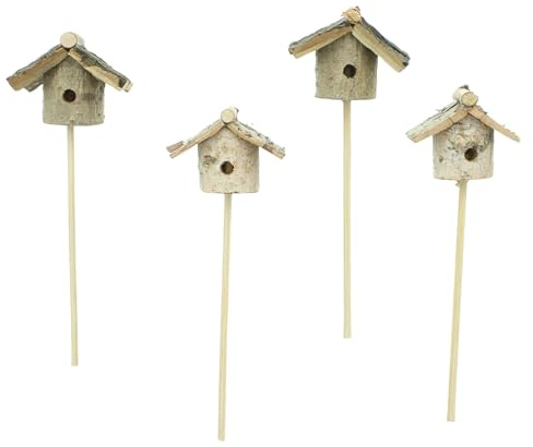 FRANK FLECHTWAREN Stecker Häuschen, 4er Set, Birke, naturbelassen Maße: ca. Höhe 20 cm, Natürliches Design, für den Garten, Balkon, Terrasse oder auch ideal als kleines Geschenk.