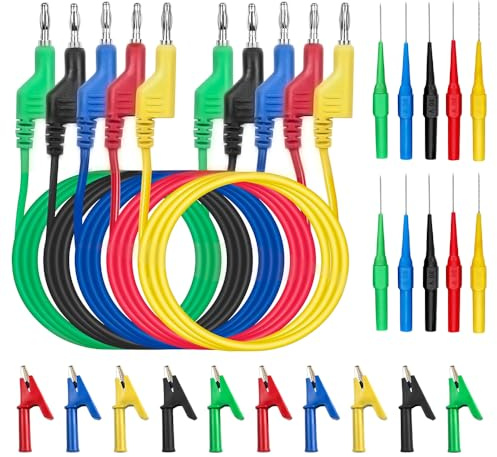 Riisoyu 5 Pièces 4mm Banane Câble De Test Multimètre,10 Pièces Pinces Crocodiles Jeu de Sondes de Test Fil Multimètre 1m 5 Couleurs Ligne Test pour Multimètre Voiture Industriel Tests Électriques