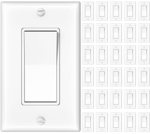 Amico 30 Pack Single Pole Light Switch with Wall Plate, UL Listed, 15A 120/277V, On/Off Rocker Paddle Interrupter Wall Switch, Grounding Screw, Residential Grade, Suitable for Home and Business, White