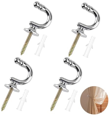 4 PCS Curtain Tieback Hooks, Silver Heavy Duty Tie Back Hooks U Shaped Curtain Tieback Hooks For Curtains Clothes Screw in Keys Coat Hanger Hook Wall Mounted Chrome Decorative Drapery Curtain Hooks