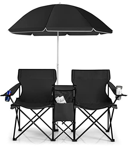 CYJAZNHH Folding Camping Chair for Outdoor, Double Camping Chair, Portable Folding Loveseat with Umbrella, Ice Bag, Cup Holder & Carrying Bag, Outdoor Garden Seaside Picnic Chairs Set(Black)