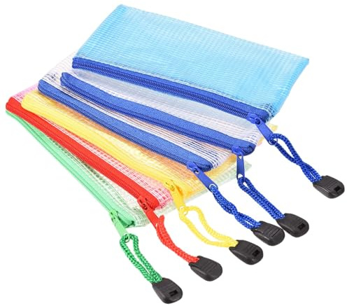 FYHJNC 6 Pack B8 Mesh Zipper Bags, Waterproof Transparent Plastic Zip Pouches, Small Storage Bags with Zipper for Office Home Travel, Assorted Colors (2 White + 1 Blue + 1 Green + 1 Pink + 1 Yellow)