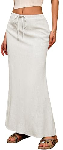 ELLEVEN Rayon-Linen Blend Maxi Long Flowy Skirt with Back Slit - Elastic Waist Drawstring Long Flowy Ankle-Length Skirt
