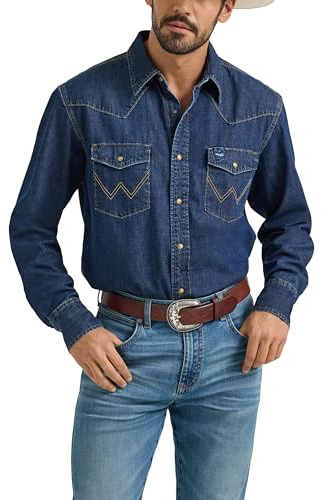 Wrangler jeansskjorta för män från denim-kollektionen med tryckknappar, Mid Wash Denim, L